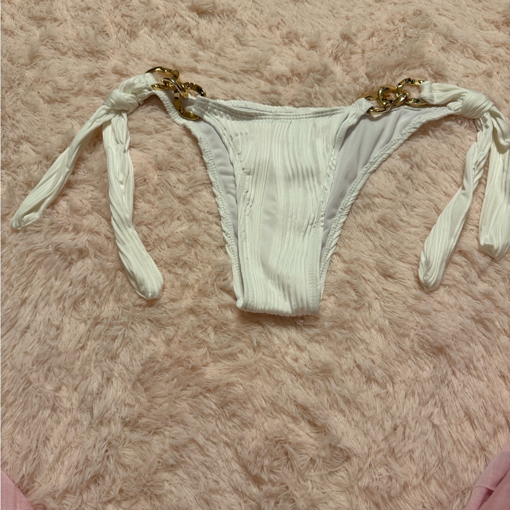 White Ribbed Tie-Side Bikini Bottom with Gold Chain Details